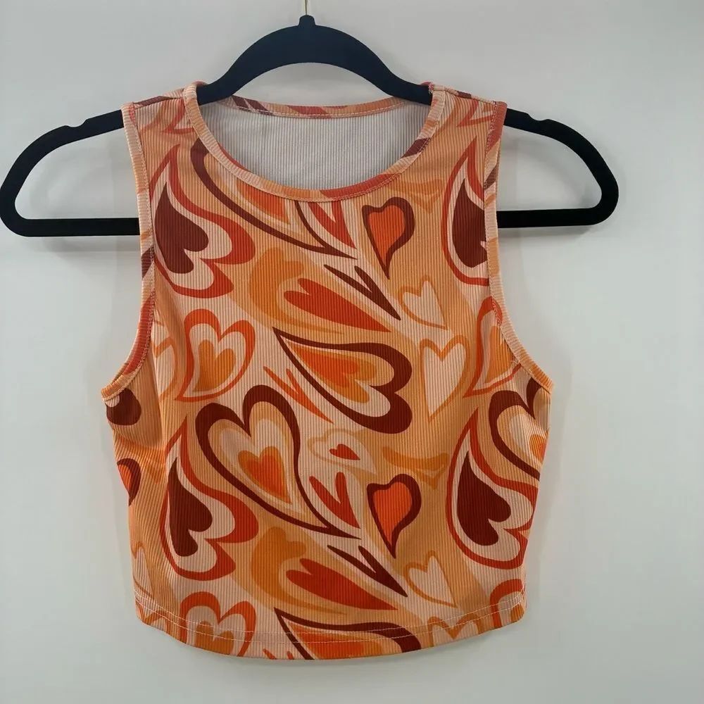 Women's Orange Heart-Print Sleeveless Crop Top